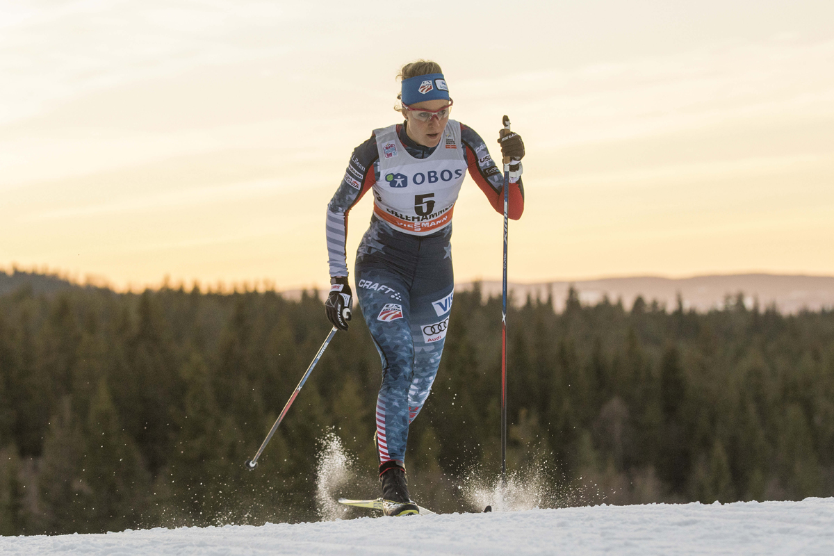 Sadie Bjornsen (U.S. Ski Team) racing to first in the classic sprint qualifier on Thursday at the World Cup mini tour in Lillehammer, Norway. It was Bjornsen's second time winning a qualifier, and first classic-sprint qualifier win. She went on to place 17th overall. (Photo: Fischer/Nordic Focus)