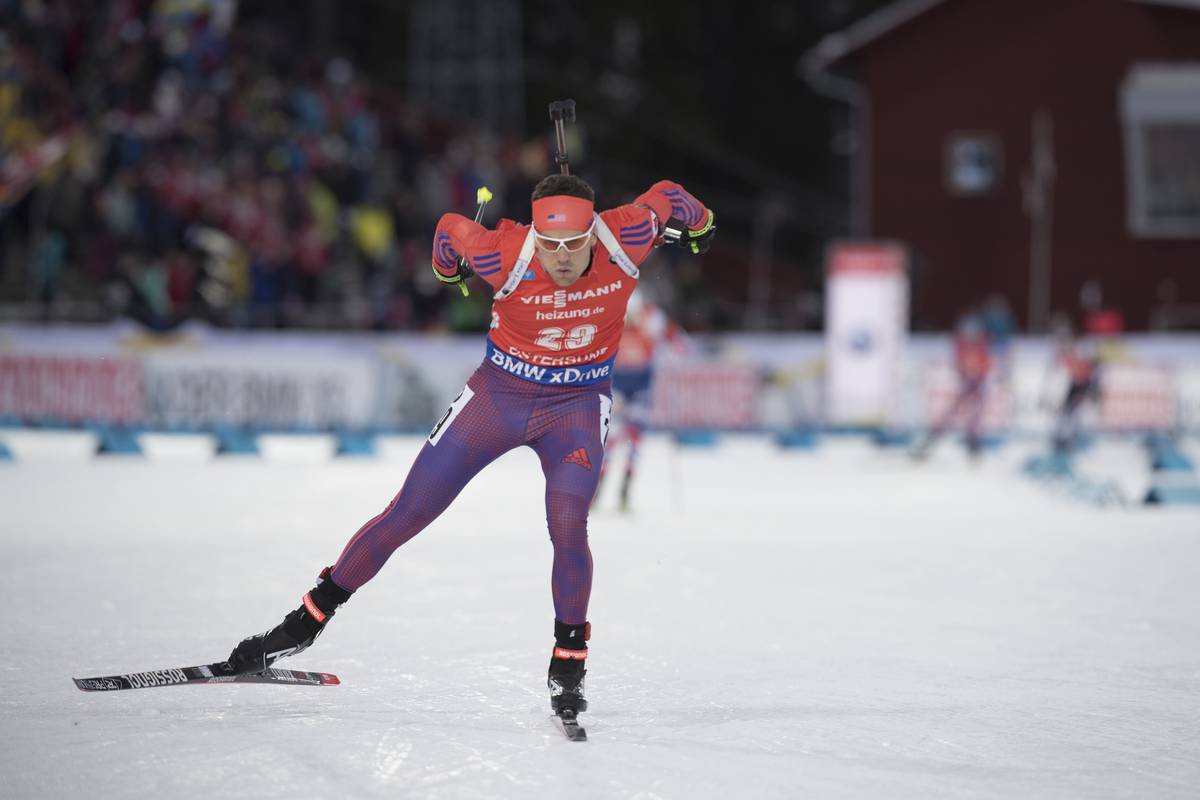 Tim Burke (US Biathlon) racing to 35th in the men's 12.5 k pursuit on Sunday at the IBU World Cup in Östersund, Sweden. (Photo: USBA/NordicFocus)