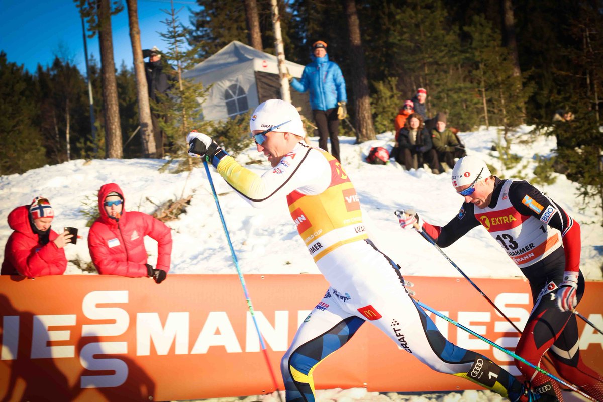 Sweden's Calle Halfvarsson racing to his first World Cup win in three years, ahead of Norway's Emil Iversen in Friday's 1.6 k classic sprint in Lillehammer, Norway. (Photo: Nordic Lillehammer/Twitter) 