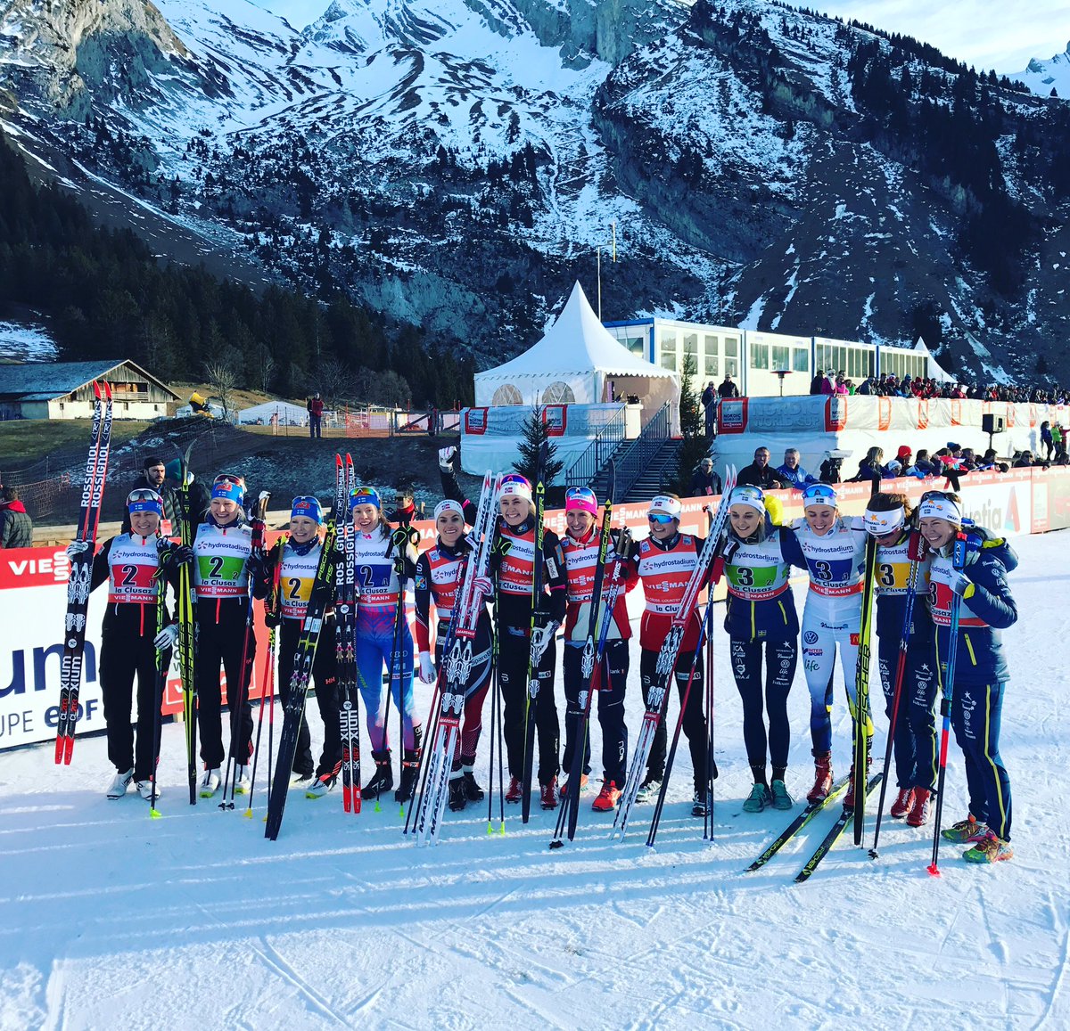 The women's 4 x 4 k mixed relay podium on Sunday in La Clusaz, France. Norway (c) took the win ahead of team Finland in second (l) and Sweden in third. (Photo: FIC Cross-Country/Twitter)