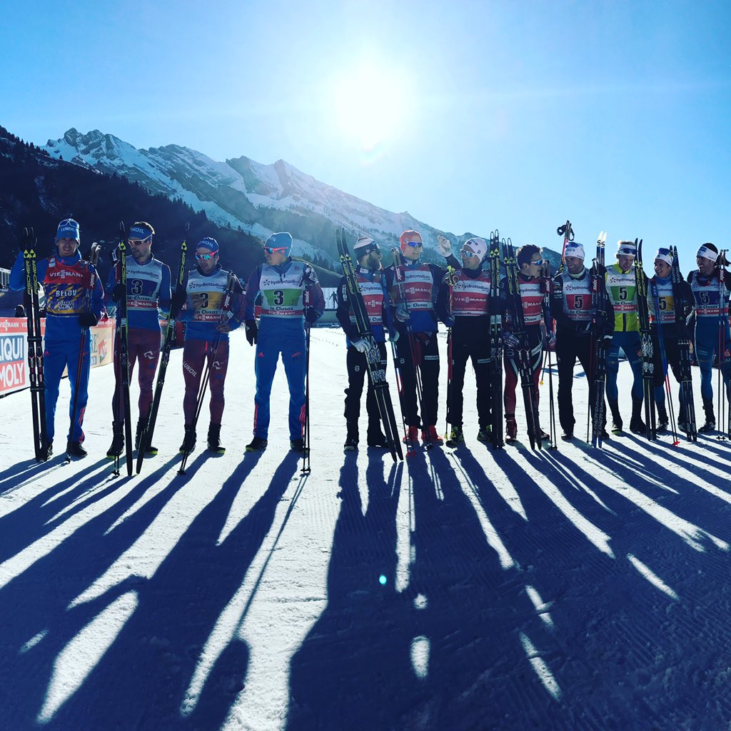 The men's 4 x 7.5k relay podium on Sunday in La Clusaz, France with Russia in second (left four) Norway first (center four) and France third overall. (Photo: FIS Cross-Country twitter)