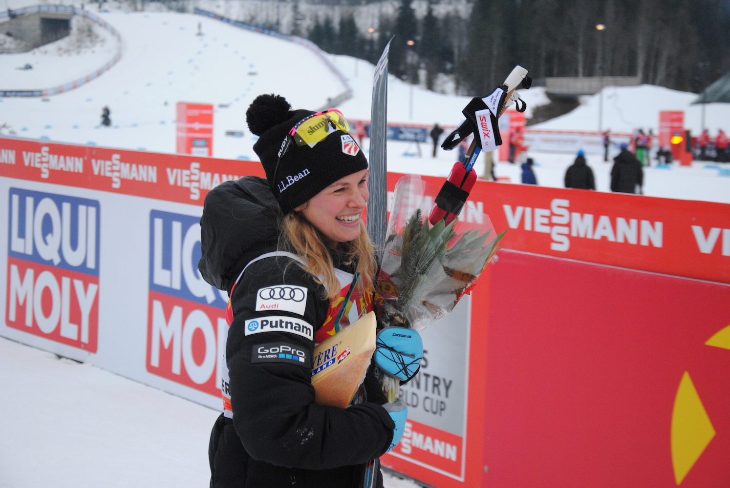 Jessie Diggins (U.S. Ski Team) celebrating her second career World Cup victory after winning the women's 5 k freestyle on Dec. 3 in Lillehammer, Norway. (Photo: Aleks Tangen)