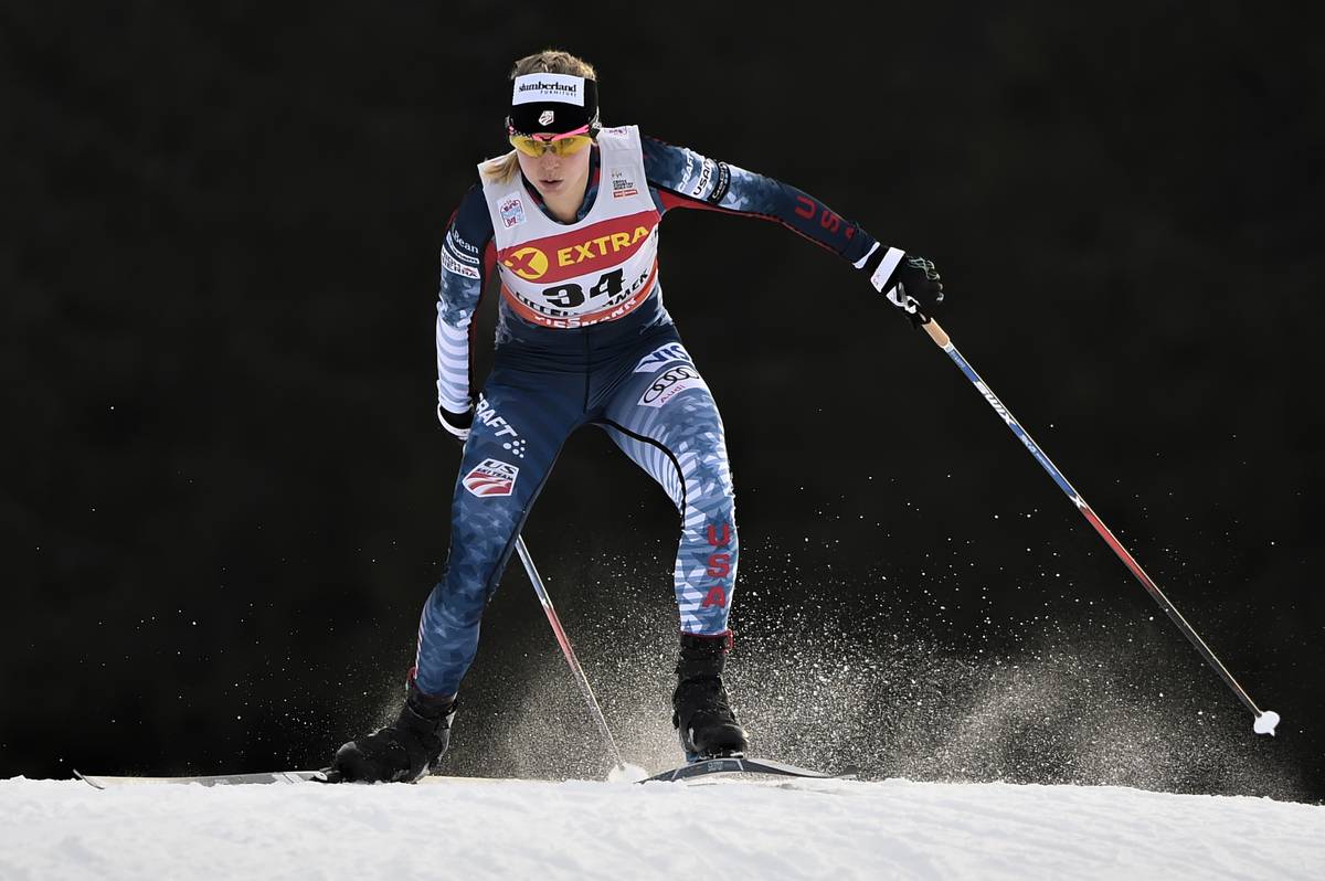 Jessie Diggins (U.S. Ski Team) racing to the win on Saturday in the 5 k freestyle in Lillehammer, Norway. It was the second World Cup win and sixth individual podium of her career. (Photo: Salomon/NordicFocus)