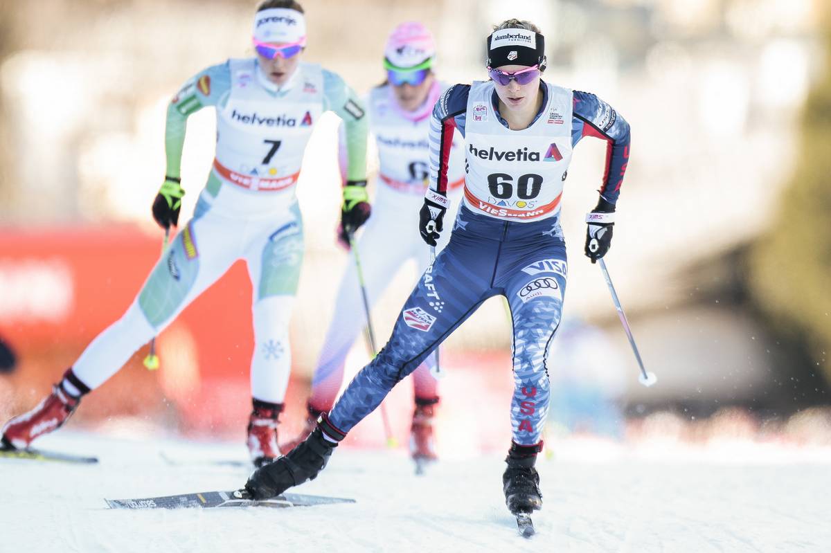 U.S. Ski Team member Jessie Diggins (60) en route to fourth place in the World Cup women's 15 k freestyle individual start on Saturday in Davos, Switzerland. (Photo: Salomon/NordicFocus)