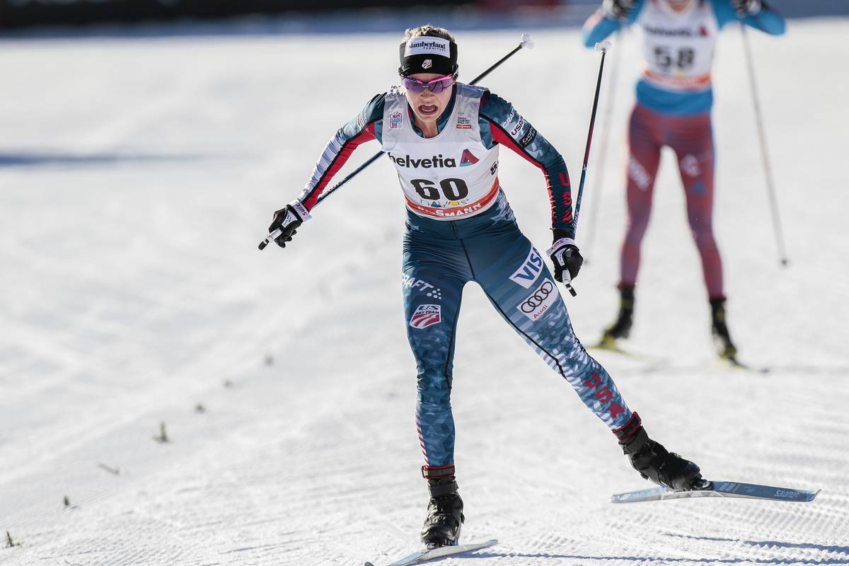 Jessie Diggins racing to fourth in the women's 15 k freestyle at the World Cup in Davos, Switzerland, on Dec. 10. (Photo: Salomon/NordicFocus)