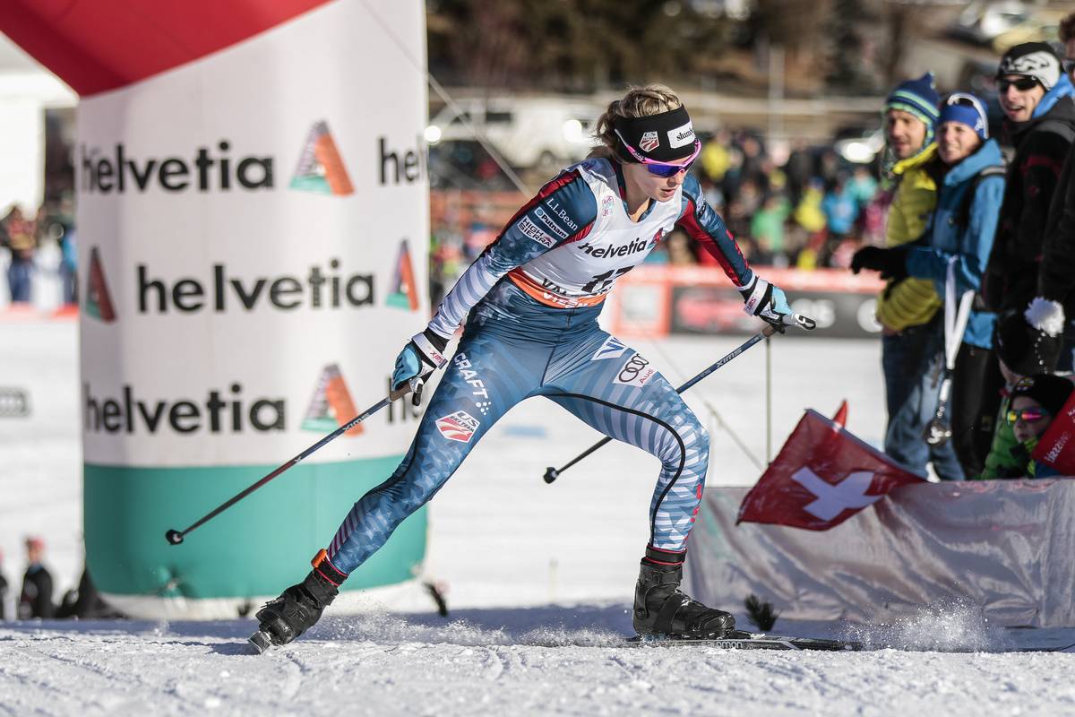 Jessie Diggins (U.S. Ski Team) racing to ninth in Saturday's 1.5 k freestyle sprint qualifier in Val Müstair, Switzerland. Diggins went on to place sixth in the final. (Photo: Salomon/NordicFocus)