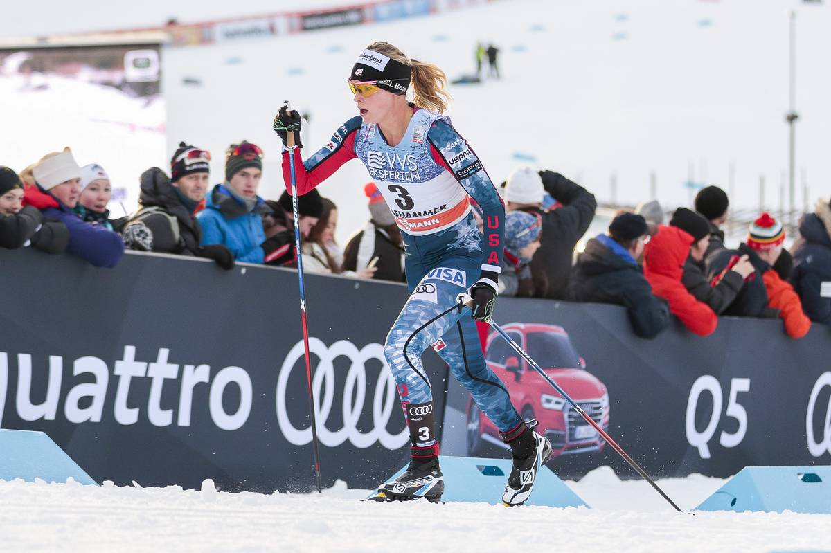 Jessie Diggins (U.S. Ski Team) en route to eighth in the women's 10 k classic pursuit at the Lillehammer World Cup in Norway. (Photo: Salomon/NordicFocus.com)
