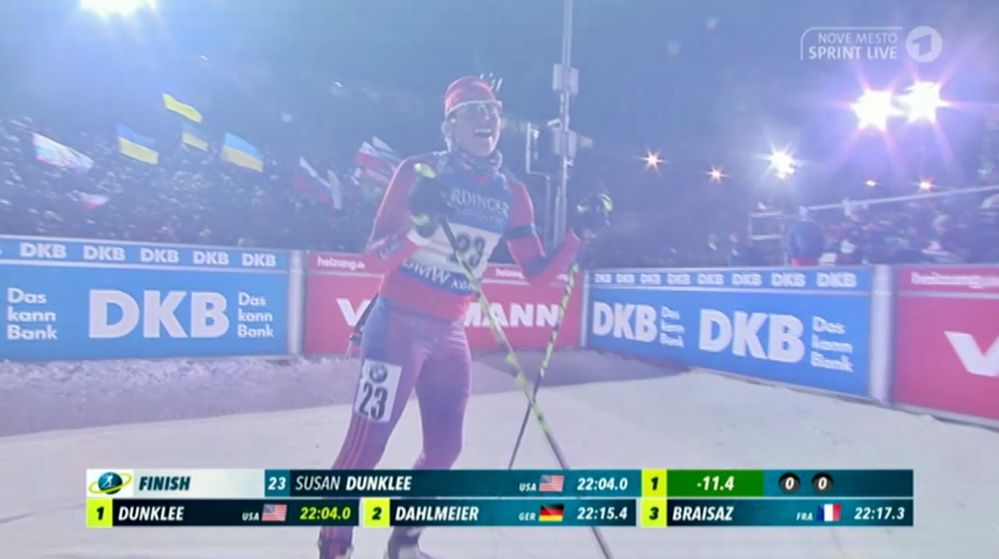 Susan Dunklee (US Biathlon) after crossing the finish first through 23 finishers in the women's 7.5 k sprint at the IBU World Cup in Nove Mesto, Czech Republic. She went on to place third for her first podium of the season and the fourth of her career. 