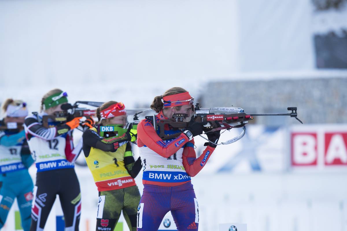 Susan Dunklee (front) going head to head with Germany's Laura Dahlmeier (1), Austria's Lisa Theresa Hauser (12), and France's Marie Dorin Habert (left) in the women's 10 k pursuit at the IBU World Cup in Pokljuka, Slovenia. (Photo: USBA/NordicFocus)