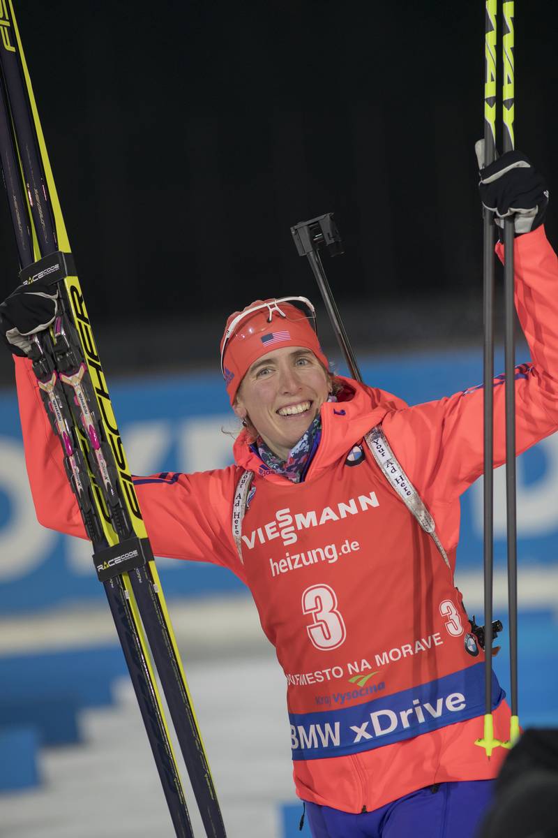Susan Dunklee (US Biathlon) after achieving fourth place on Saturday for a personal-best pursuit result at the IBU World Cup in Nove Mesto, Czech Republic. (Photo: USBA/NordicFocus)