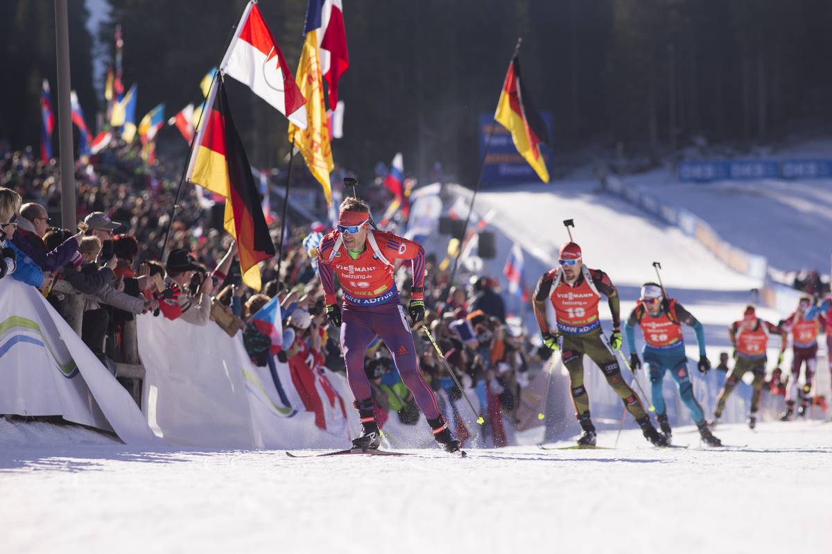 US Biathlon's Lowell Bailey (front) leading Germany's Arnd Peiffer in the IBU World Cup 12.5 k pursuit on Saturday in Pokljuka, Slovenia. Bailey started 18th and went on to finish 18th. (Photo: USBA/NordicFocus)