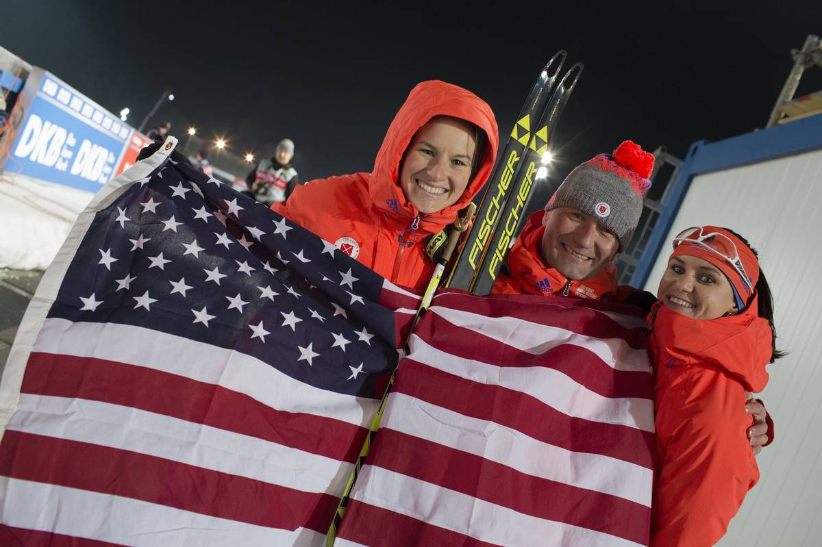 US Biathlon women's team member Clare Egan (l) and Joanne Reid (r) supporting their teammate Susan Dunklee, who placed third on Friday in the IBU World Cup women's sprint in Nove Mesto, Czech Republic. (Photo: USBA/NordicFocus)