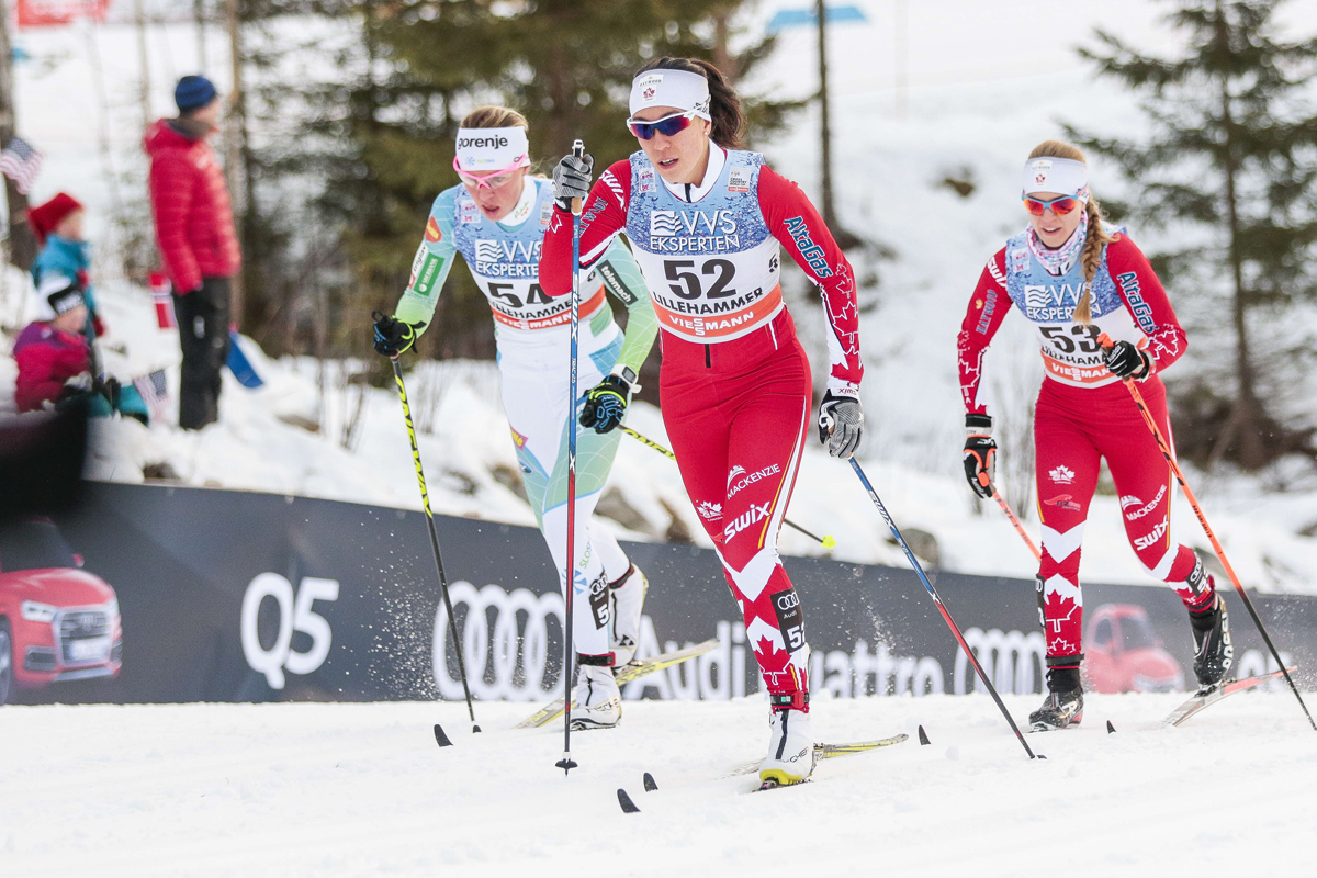 Emily Nishikawa leading Canadian teammate Cendrine Brown during the women's 10 k classic pursuit on Sunday at the World Cup in Lillehammer, Norway. Nishikawa placed 46th and Browne finished 52nd. (Photo: Fischer/NordicFocus.com)