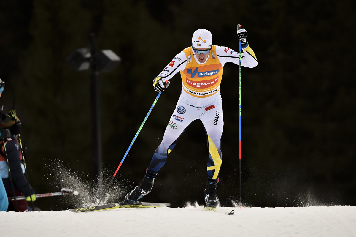 Calle Halfvarsson racing to first by 0.8 seconds over Swedish teammate Marcus Hellner (not shown) in the men's 10 k freestyle on Saturday at the World Cup in Lillehammer, Norway. Halfvarsson is undefeated so far in the Lillehammer mini tour through two days of racing. (Photo: Fischer/Nordic Focus)