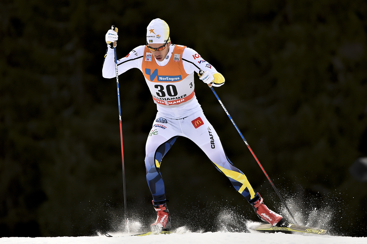 Sweden's Marcus Hellner racing to second, 0.8 seconds out of first, in the men's 10 k freestyle on Saturday at the Lillehammer World Cup in Norway. (Photo: Fischer/NordicFocus)