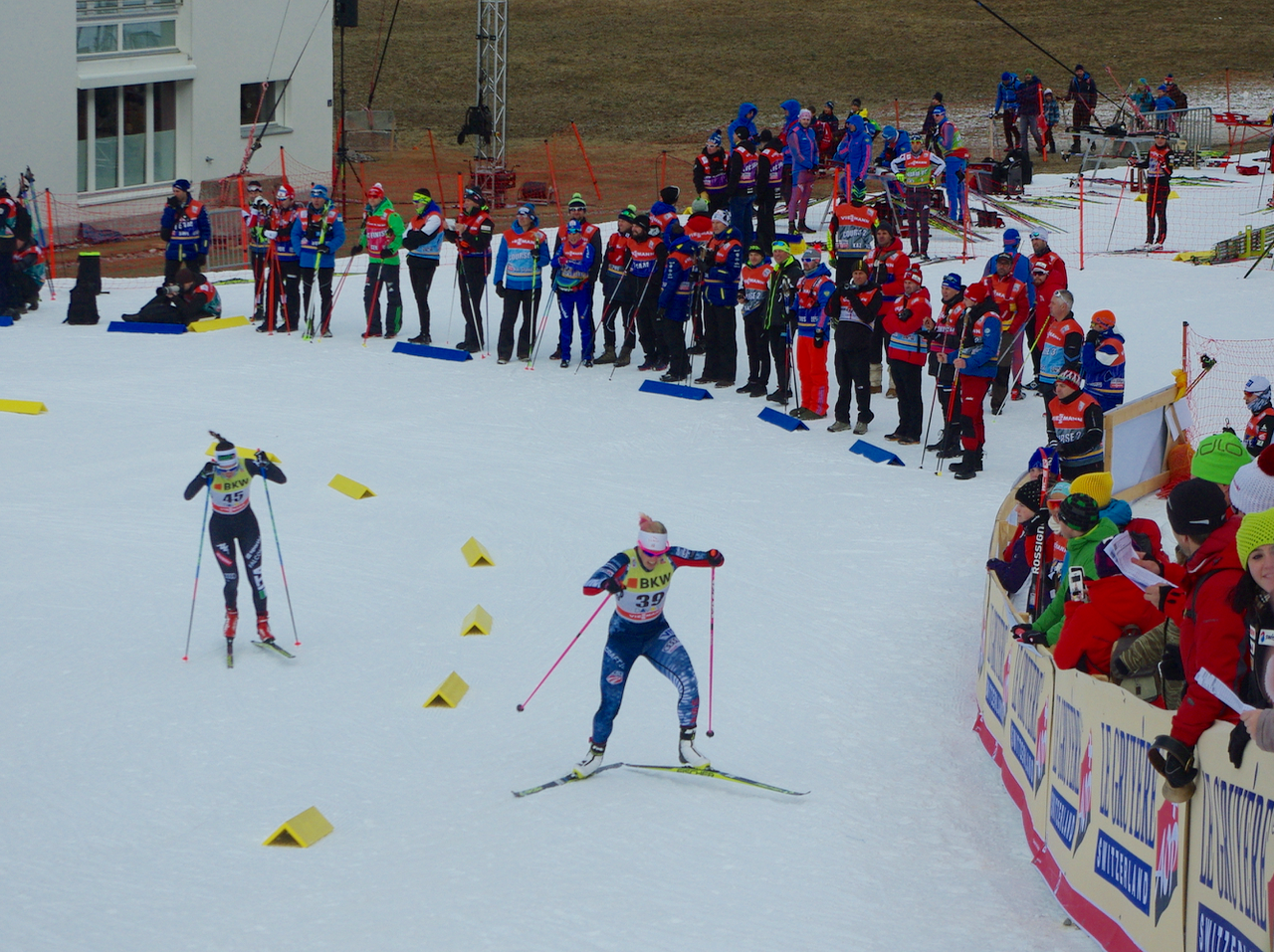 Kikkan Randall (right) in the sprint qualifier in Davos, Switzerland.