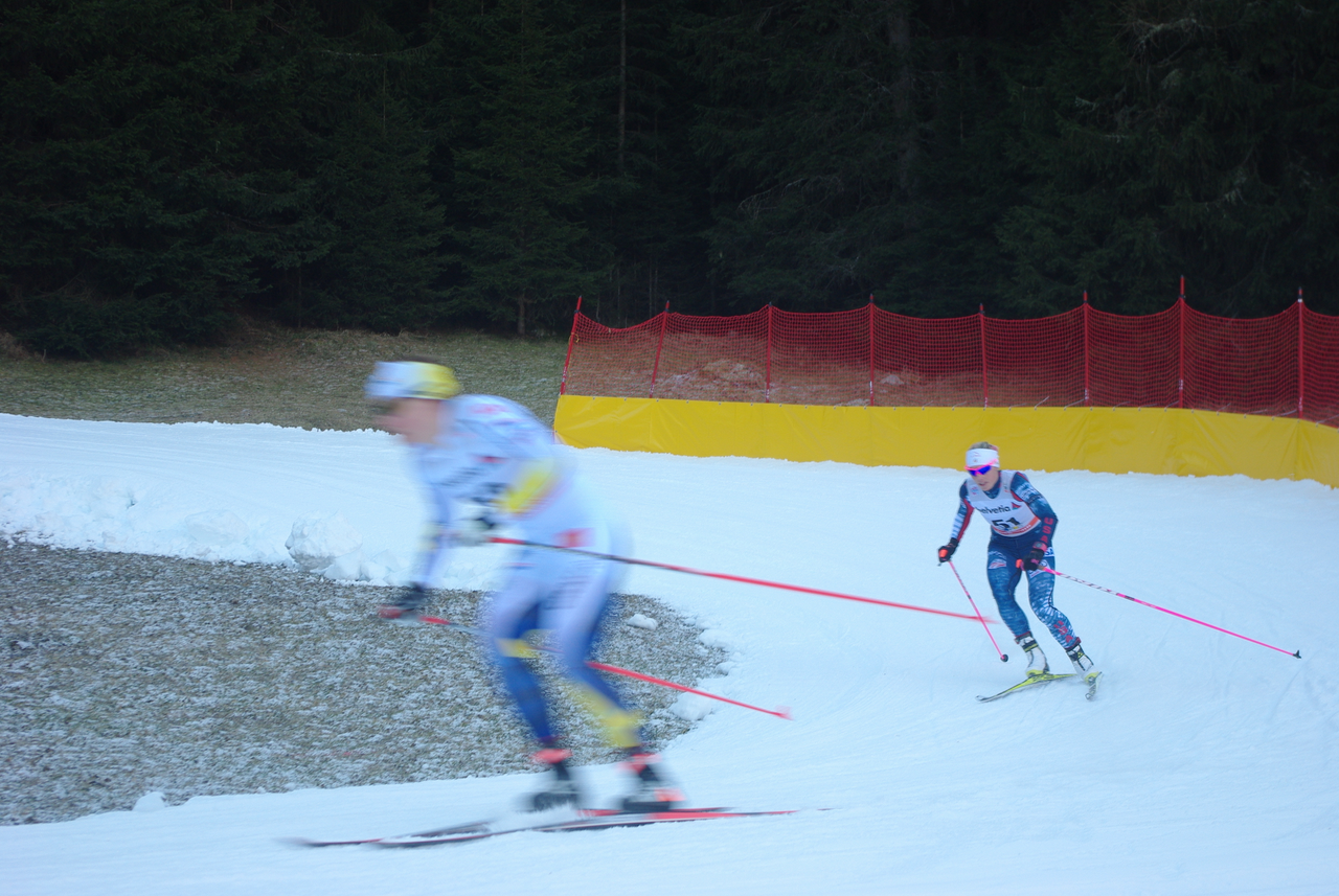 Kikkan Randall takes a turn on her way to 33rd in the 15 k skate in Davos.