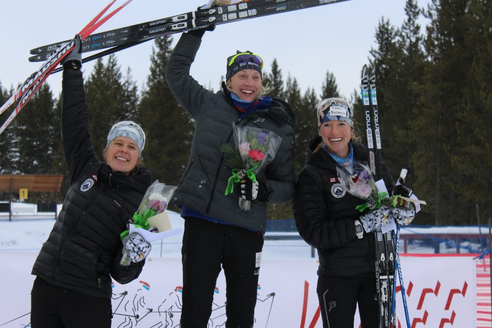 From left to right: Stratton Mountain School skier Annie Hart, Bridger Ski Foundation skier Jennie Bender and Stratton Mountain School skier Erika Flowers on the podium for the women’s SuperTour 1.3-kilometer freestyle sprint on Saturday in West Yellowstone, Mont. 