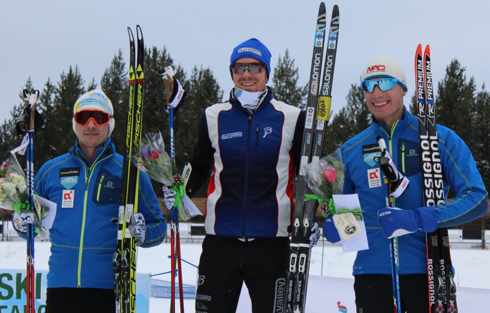 From left to right: Alaska Pacific University’s Reese Hanneman, Sun Valley Ski Education Foundation’s Matt Gelso and Alaska Pacific University’s Tyler Kornfield on the podium for the men’s SuperTour 1.3-kilometer freestyle sprint on Saturday in West Yellowstone, Mont. 