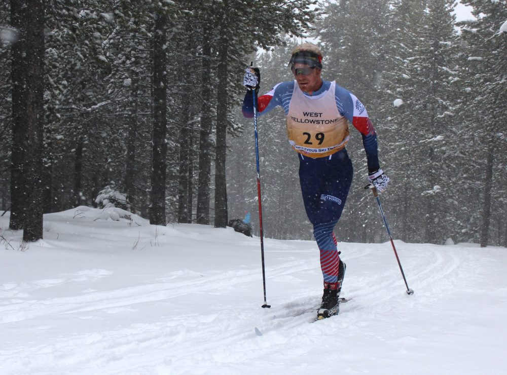Sun Valley Ski Education Foundation skier, Matt Gelso racing to a first place finish in the men’s 15-kilometer individual start classic race on Sunday in West Yellowstone, Mont. 