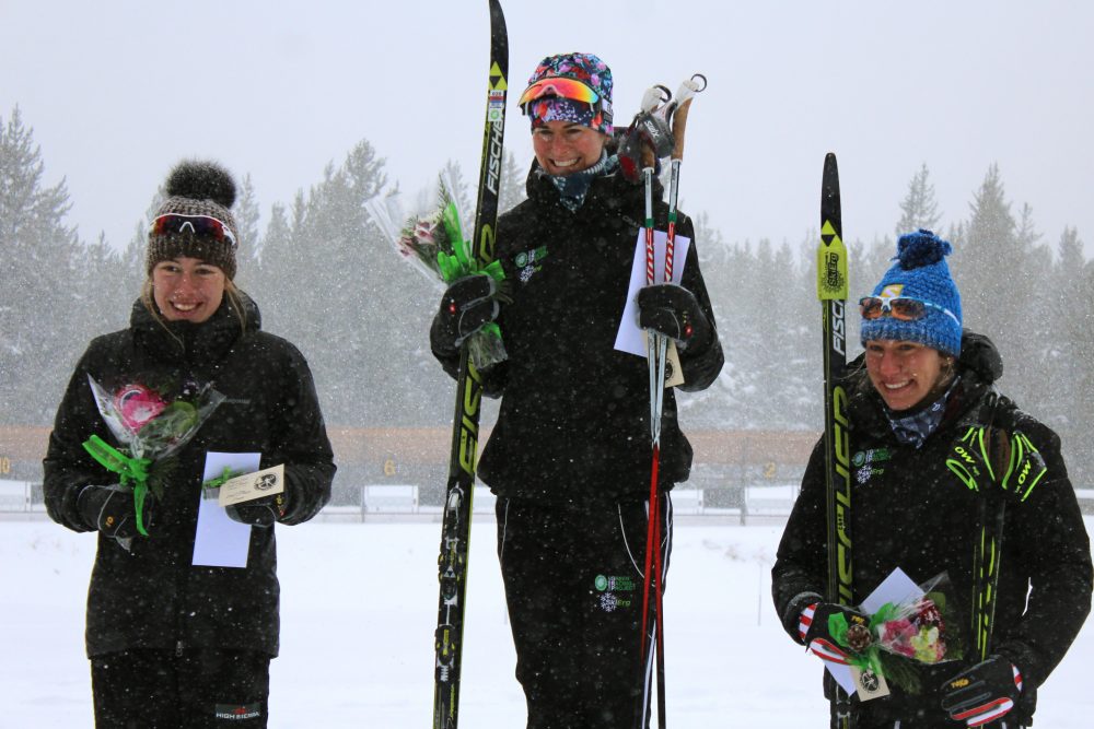 Left to right: Stratton Mountain School’s Katharine Ogden and Craftsbury Green Racing Project skiers Kaitlynn Miller, and Liz Guiney along with standing on the podium for the women’s 10-kilometer individual start classic race on Sunday in West Yellowstone, Mont.