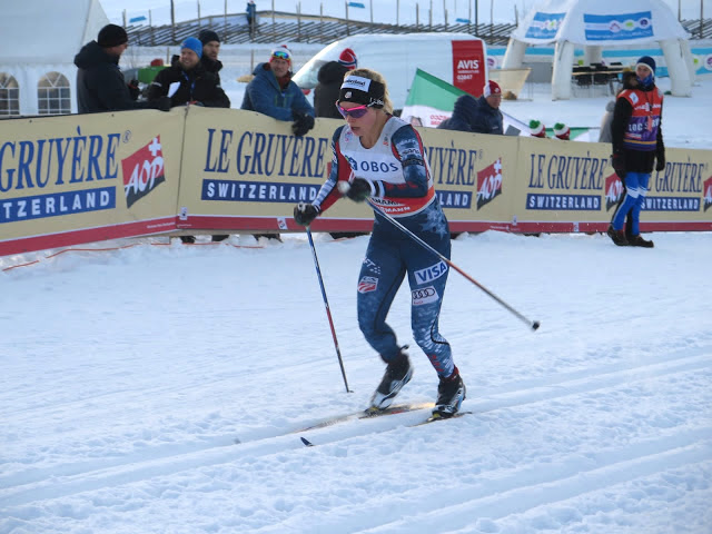 Jessie Diggins, of the U.S. Ski Team and Stratton Mountain School T2 Team, racing to her second-career World Cup victory in Saturday's 5 k freestyle in Lillehammer, Norway. "She's just a fighter," SMS Nordic Director Sverre Caldwell told FasterSkier. "She's been really well on the classic races, but she's more of a skater so and since this the first skate race, I think she's been totally fired up." (Photo: Sverre Caldwell/SMSXC.blogspot.com)