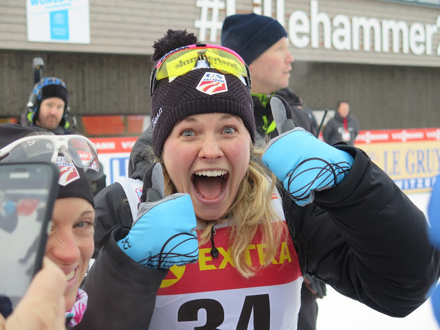 An excited Jessie Diggins after winning her second career World Cup on Saturday at the 5 k freestyle in Lillehammer, Norway. (Photo: Lily Caldwell/SMS)