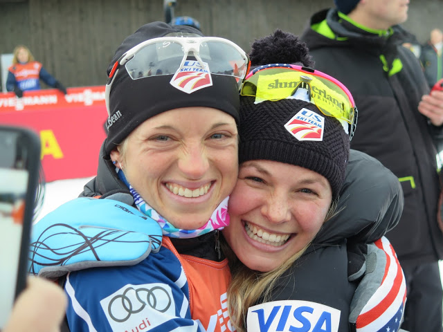 U.S. teammates Liz Stephen (l) and Jessie Diggins after Saturday's 5 k freestyle at the World Cup in Lillehammer, Norway, where Diggins won and Stephen placed 26th. (Photo: Lily Caldwell/SMSXC.blogspot.com)