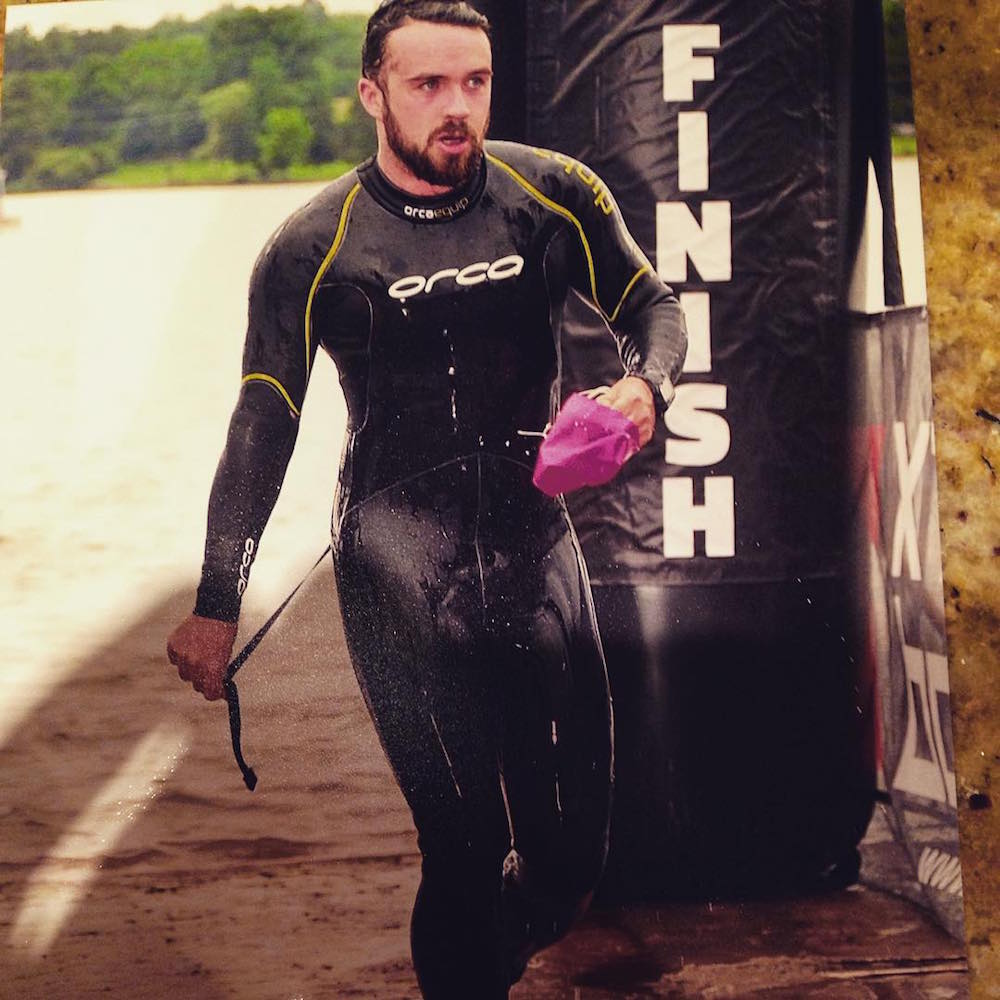 Ian Tovell after the swim leg of a triathlon. Ian is training for Ironman Mont-Tremblant.