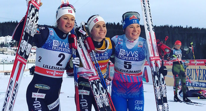 Heidi Weng (c) held onto her lead to win the Lillehammer mini-tour by 16.1 seconds over Norwegian teammate Ingvild Flugstad Østberg (l). Finland's Krista Parmakoski was third after losing a shot at second thanks to a crash. (Photo: FIS Cross Country/Twitter)