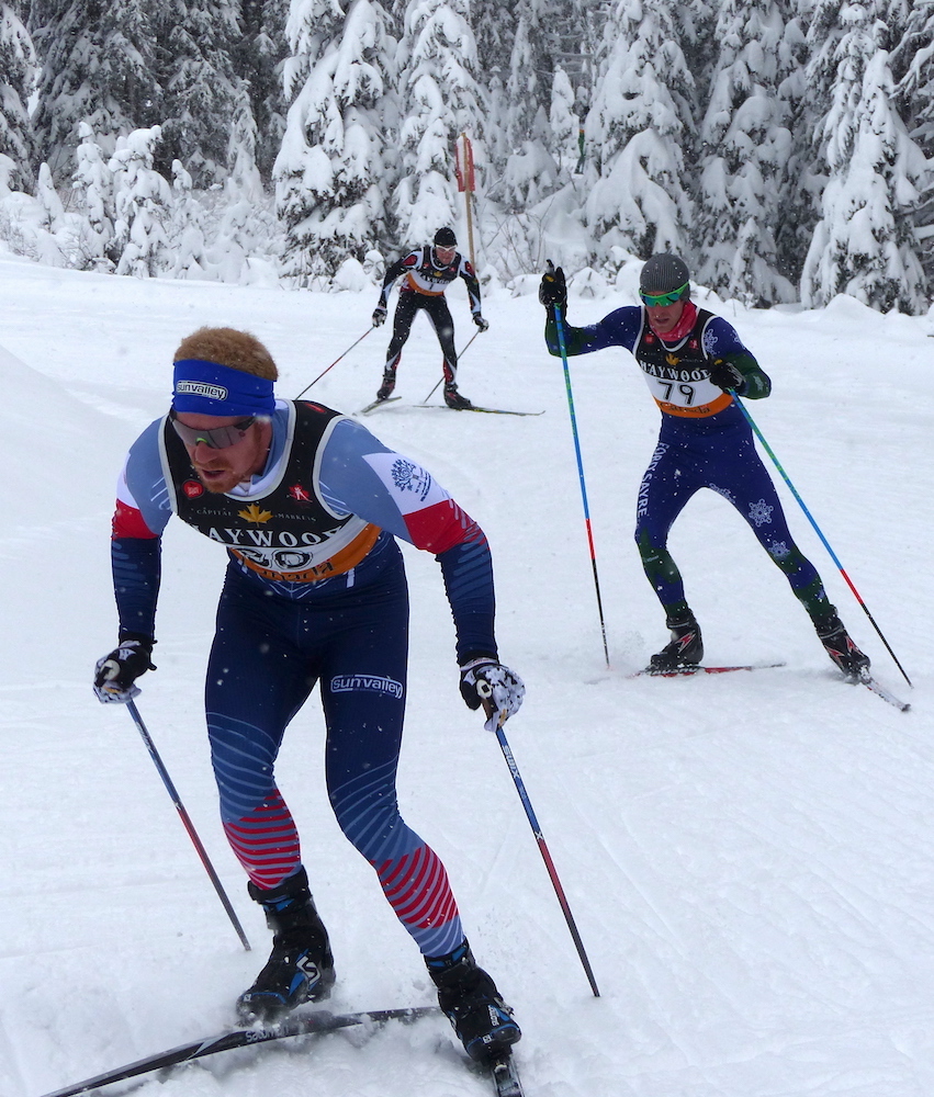 Sun Valley's Matt Gelso (front) charging a false flat on his first lap of the men's three-lap 15 k freestyle on Dec. 11 at the Sovereign Lake NorAm/SuperTour. (Photo: Peggy Hung)