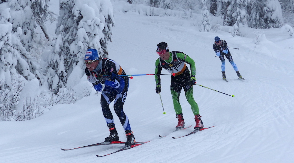 APU's Scott Patterson leading Canadian junior Ty Godfrey (Team R.A.D.) during the men's 15 k freestyle interval start on Sunday, Dec. 11, at the Sovereign Lake NorAm/SuperTour. (Photo: Peggy Hung