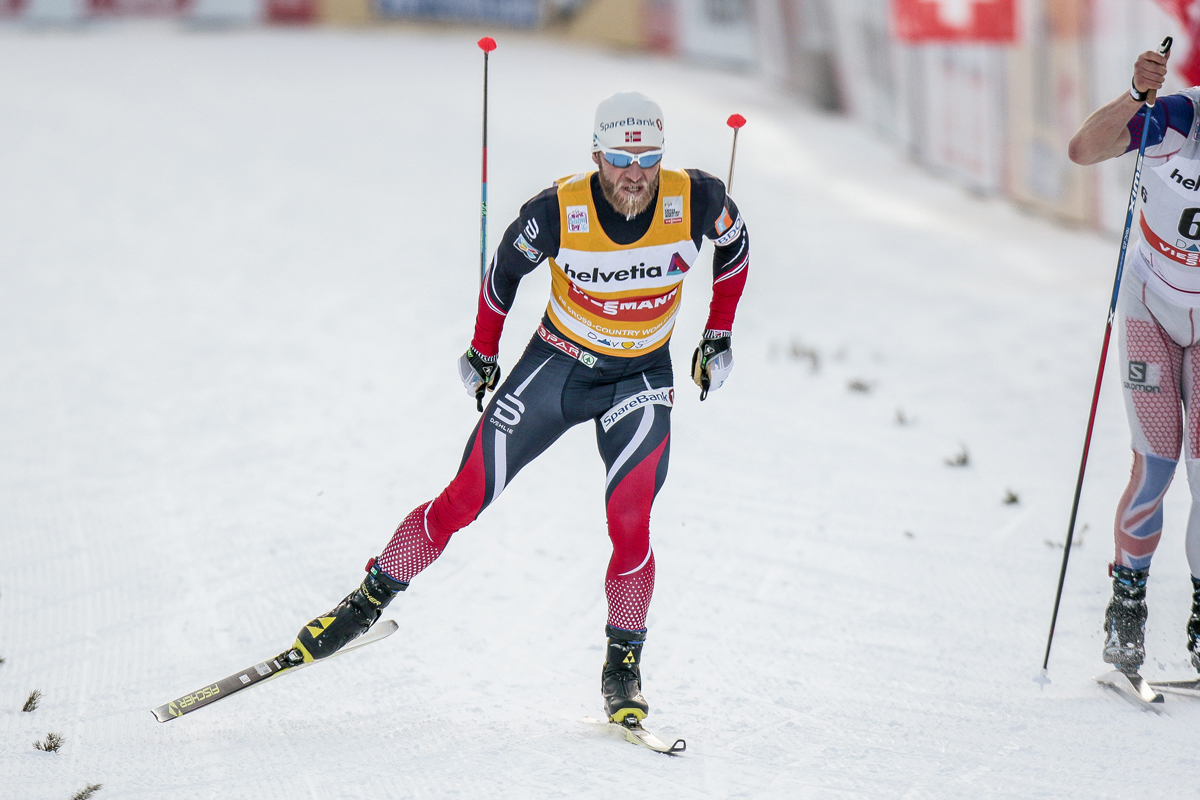 Martin Johnsrud Sundby of Norway coming into the finish for a win in the 30 k skate in Davos, Switzerland. (Photo: Fischer/NordicFocus)