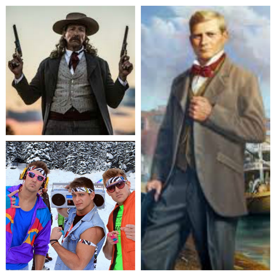 Gunslinger, riverboat captain, and '80s ski bums. All wearing vests.