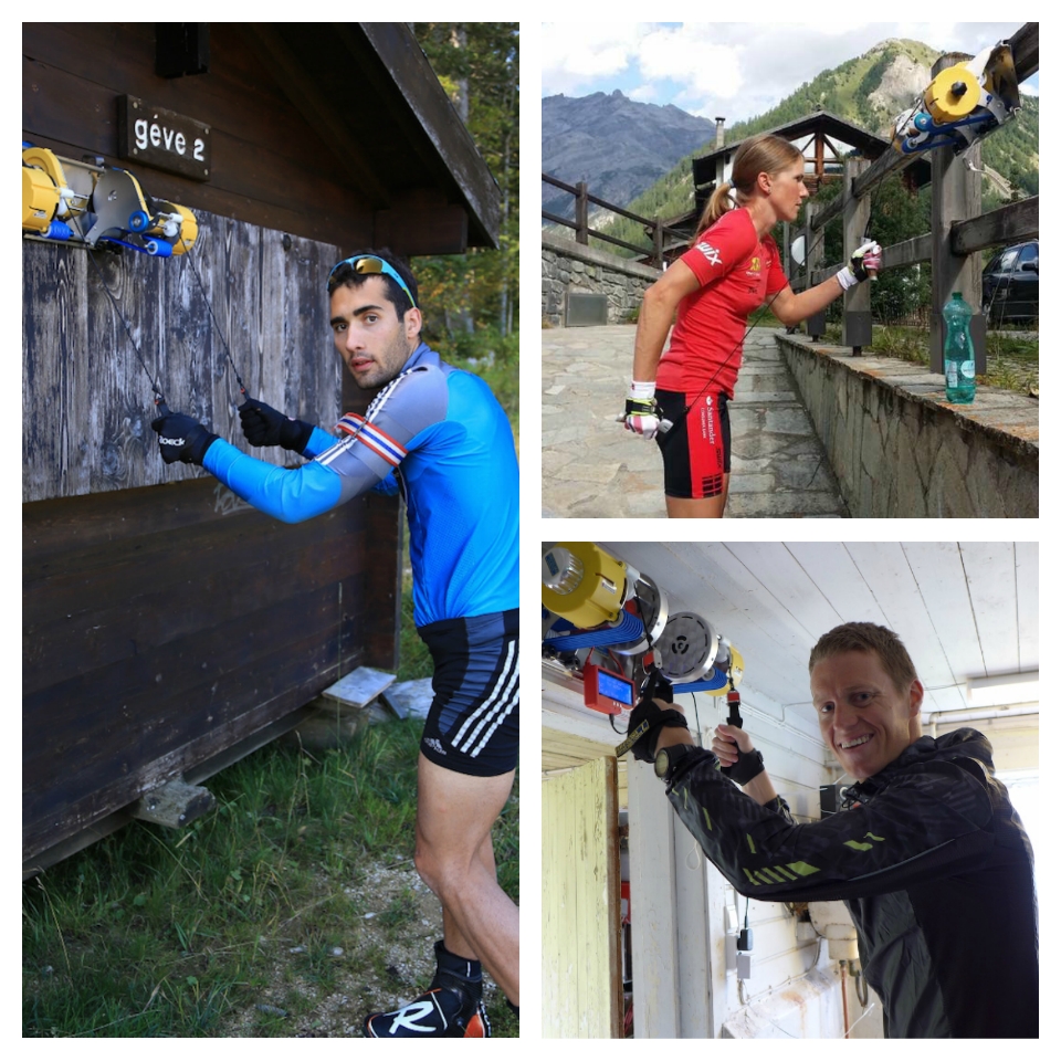World-class skiers using the mountable Ercolina Poling Machine, including French biathlete Martin Fourcade (l) and Austrian cross-country skier Katerina Smutna (top right). (Photos: Boulder Nordic Sport)