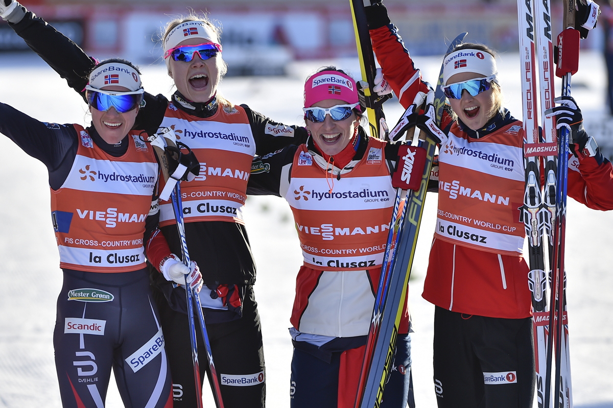 Norway won the women's World Cup 4 x 4 k relay on Sunday in La Clusaz, France, with (from left to right) Ingvild Flugstad Østberg, Marit Bjoergen, Ragnhild Haga, and Heidi Weng. (Photo: Fischer/Nordic Focus)