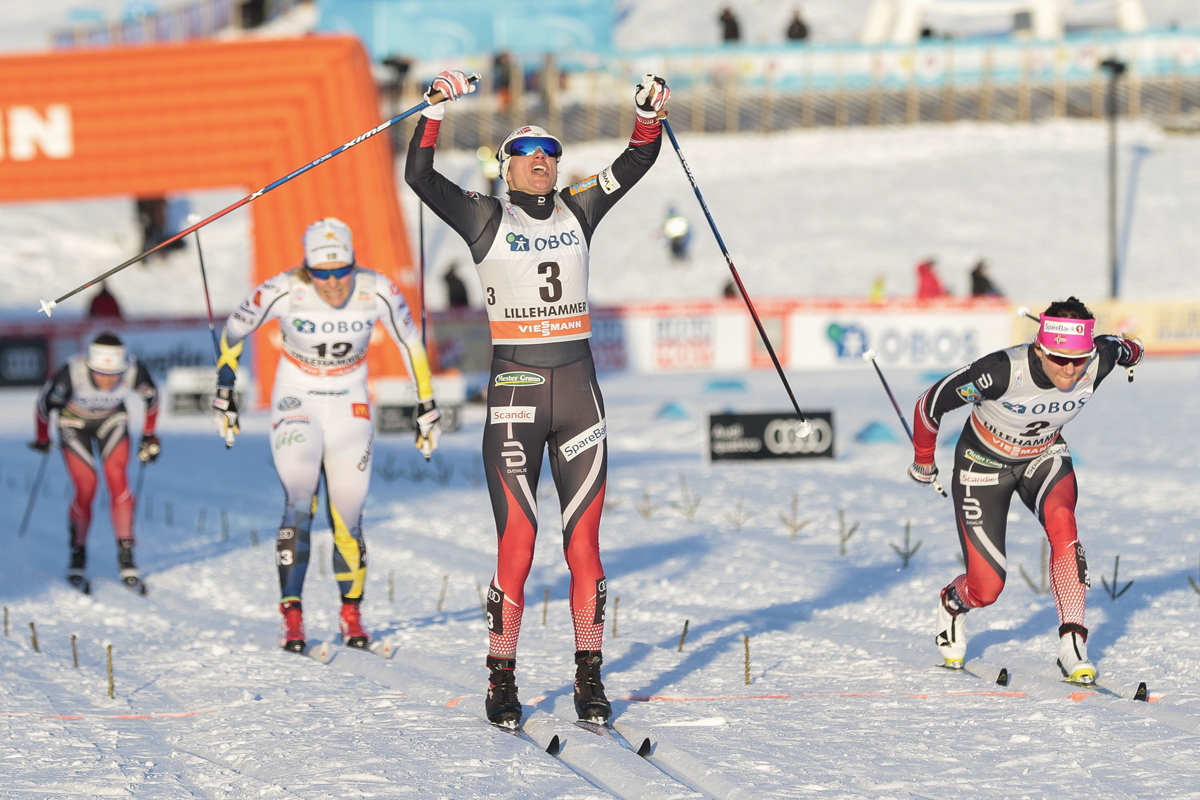 Norway's Heidi Weng (3) celebrates her third World Cup victory and first sprint win on Thursday in the women's classic sprint in Lillehammer, Norway. (Photo: Fischer/Nordic Focus)