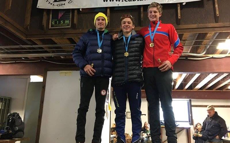 "The youth men's sprint podium on Dec. 28 in Jericho was (l to r) Jake Pearson, Vasek Cervenka and Eli Nielsen. Cervenka topped every race at Youth and Junior Biathlon Trials. (Photo: USBA)
