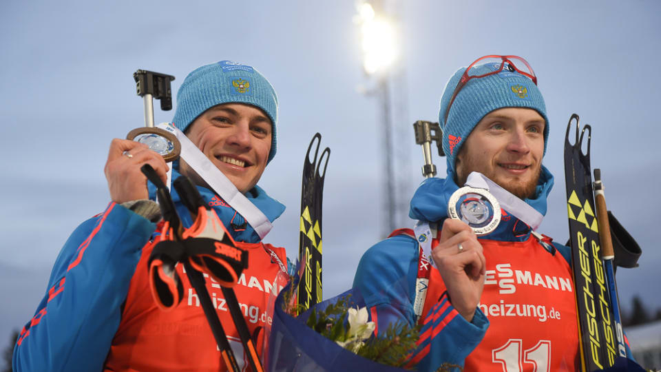 Russia went 1-2 in the men's 15 k pursuit on Sunday at the IBU World Cup in Ostersund, Sweden, with Anton Babikov (l) winning his first World Cup and Maxim Tsvetkov (r) placing second. (Photo: IBU)