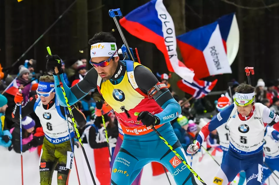 France’s Martin Fourcade skiing up a climb on his way to winning the men’s 15-kilometer mass start on Sunday at the IBU World Cup in Nove Mesto, Czech Republic. (Photo: IBU)