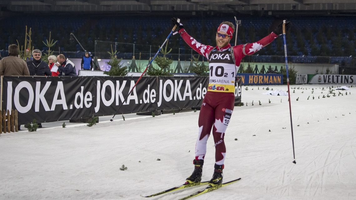 Canada’s Macx Davies celebrates as he is cheered on by 42,000 fans during the final lap of the 2016 Biathlon auf Schalke invitational race. The Canadian relay team, with his partner Megan Tandy, finished 10th. (Photo: Biathlon-aufschalke.de)