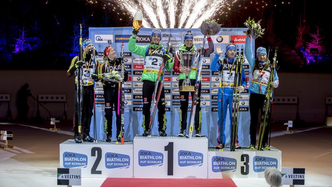 The 2016 Biathlon auf Schalke podium on Wednesday night, with (from left to right) Germany’s Erik Lesser and Franziska Hildebrand (second place), Germany’s Simon Schempp and Vanessa Hinz (first place), and Russia’s Olga Podchufarova and Alexey Volkov (third place). (Picture: Biathlon-aufschalke.de)
