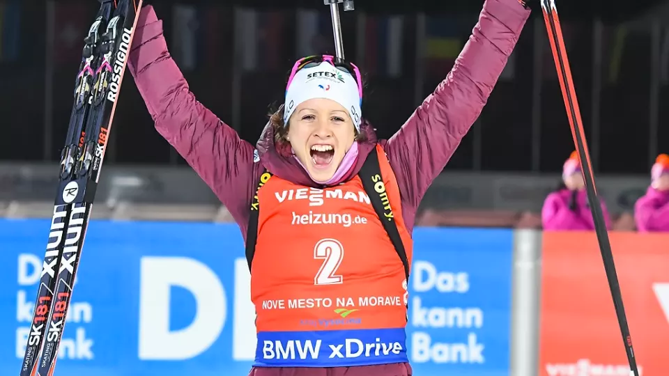 France’s Anaïs Chevalier after winning her first IBU World Cup on Saturday, the women's 10 k pursuit in Nove Mesto, Czech Republic. (Photo: IBU)