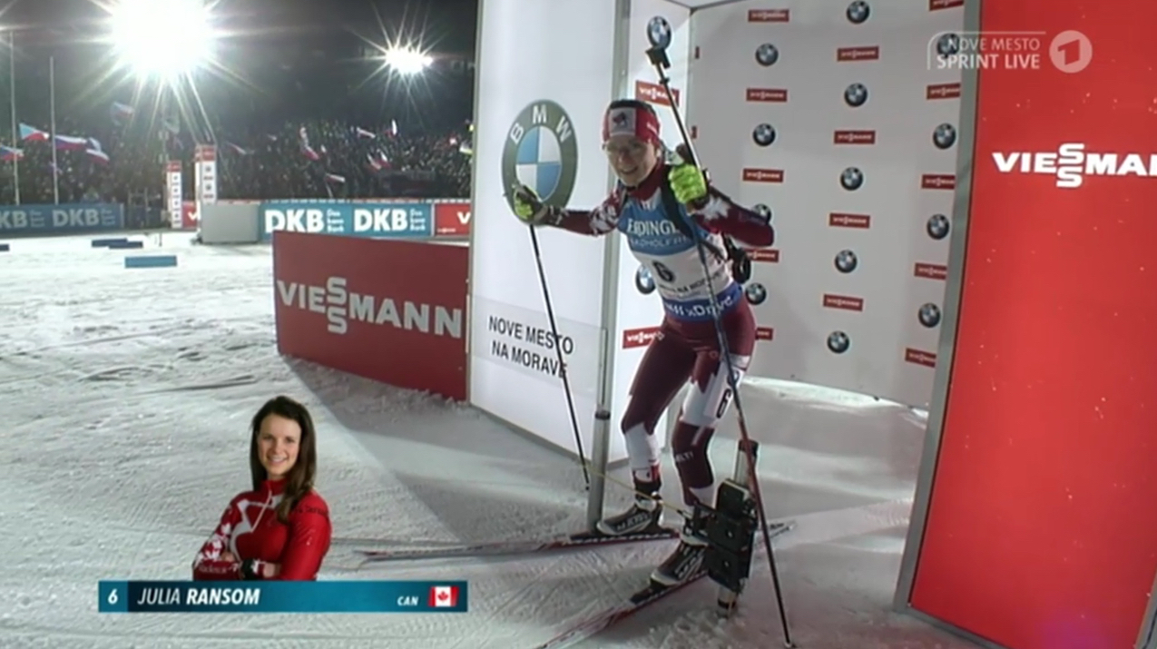 Biathlon Canada’s Julia Ransom at the start of the women’s IBU World Cup sprint in Nove Mesto, Czech Republic. She went on to place 26th for her first top 30 this season. (Photo: ARD broadcast screenshot)