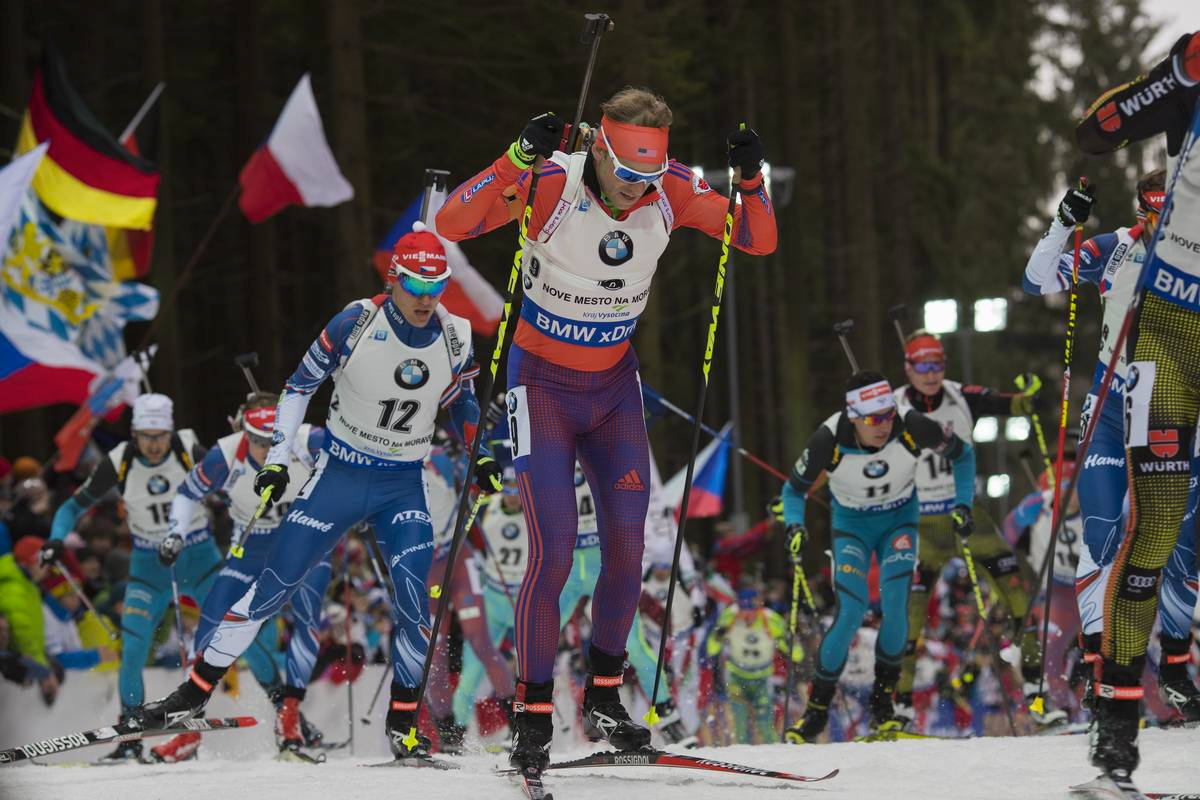 Lowell Bailey (US Biathlon) racing to 21st in the men's 15 k mass start on Sunday at the IBU World Cup in Nove Mesto, Czech Republic. (Photo: USBA/NordicFocus)