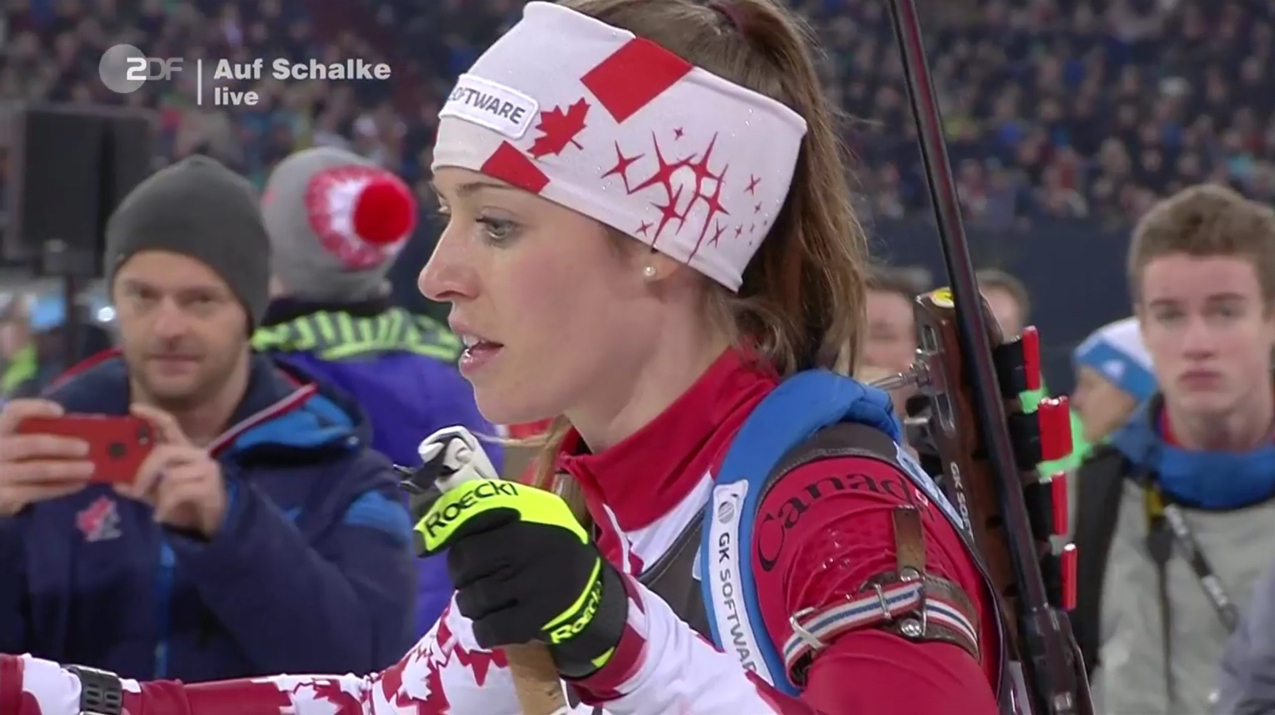 Canada’s Megan Tandy at the start of the pursuit race during the 2016 Biathlon auf Schalke invitational event. (Photo: ZDF broadcast)