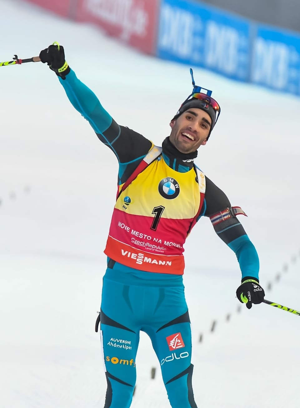 Martin Fourcade celebrating his 55th World Cup victory in Saturday's 12.5 k pursuit in Nove Mesto, Czech Republic, which he won by 30.2 seconds over Russia's Anton Shipulin. (Photo: IBU)