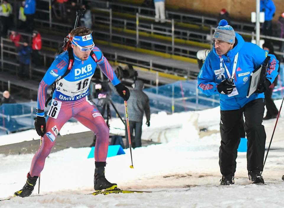 Russia's Anton Shuplin (l) racing to second in the men's 10 k sprint at the IBU World Cup in Nove Mesto, Czech Republic. (Photo: IBU)