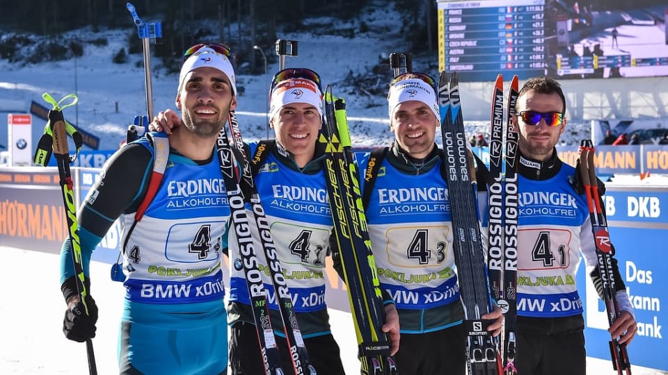 The French men's relay team after their IBU World Cup win on Sunday in Pokljuka, Slovenia, with (from left to right) Martin Fourcade, Quentin Fillon Maillet, Simon Desthieux, and Jean-Guillaume Béatrix. They beat Russia by 15.7 seconds for the win. (Photo: IBU) 