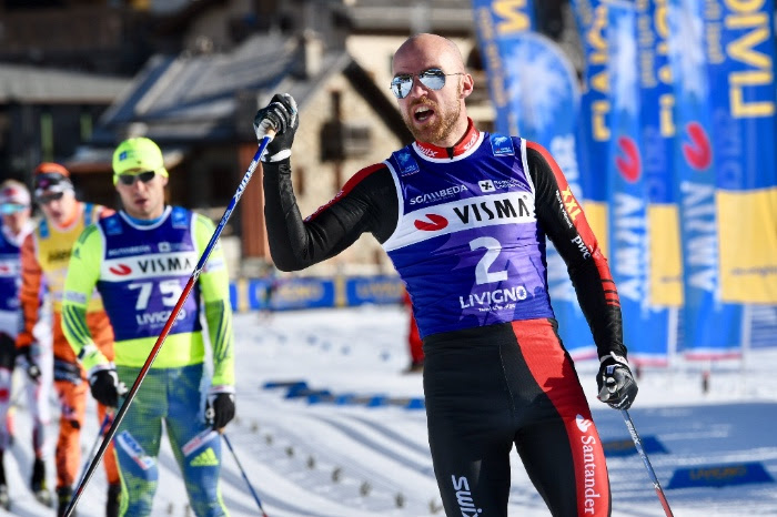 Tord Asle Gjerdalen (Team Santander) crosses the finish line first in Sgambeda in Livigno, Italy, on Dec. 3, 2016. (Photo: Visma Ski Classics)